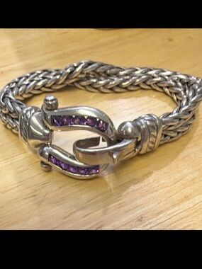 sterling silver horseshoe thick double wheat link bracelet with amethyst accents